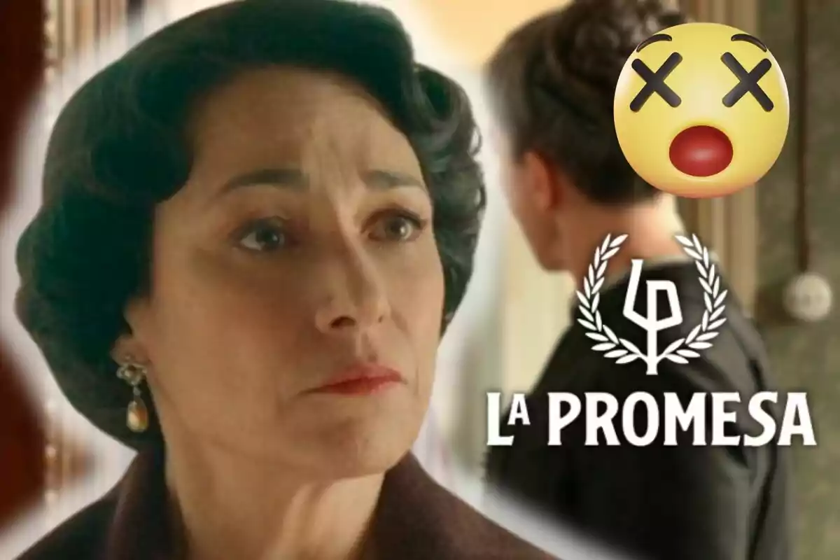 Isabel Serrano con expresión seria y un emoji sorprendido en la esquina superior derecha junto al texto "La Promesa".