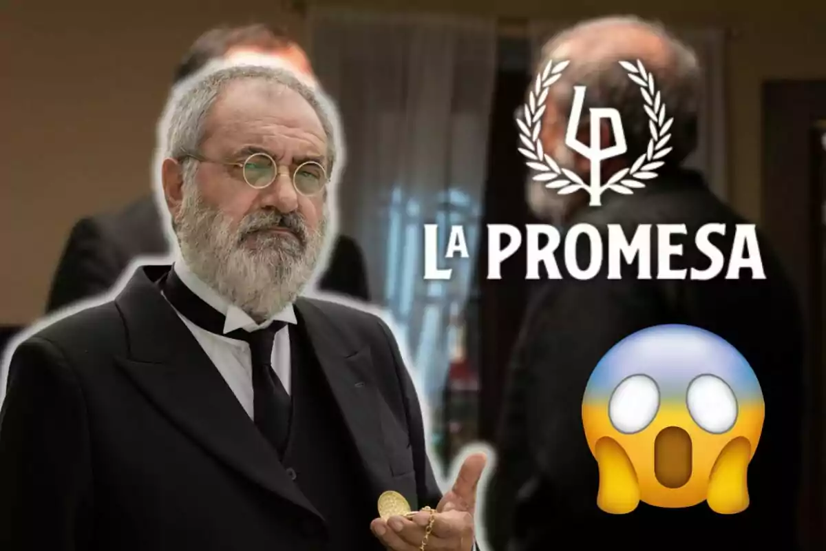 Joaquín Climent con barba y gafas redondas vestido de traje negro sosteniendo un reloj de bolsillo con el texto "La Promesa" y un emoji sorprendido.