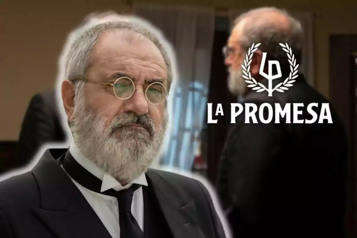 Joaquín Climent con barba y gafas redondas, vestido de traje formal, aparece en primer plano con el logo de "La Promesa" al fondo.