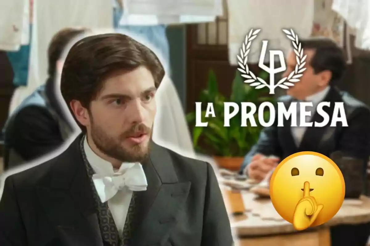 Jorge Casat con barba y traje elegante aparece en una escena de época con el texto "La Promesa" y un emoji de silencio.