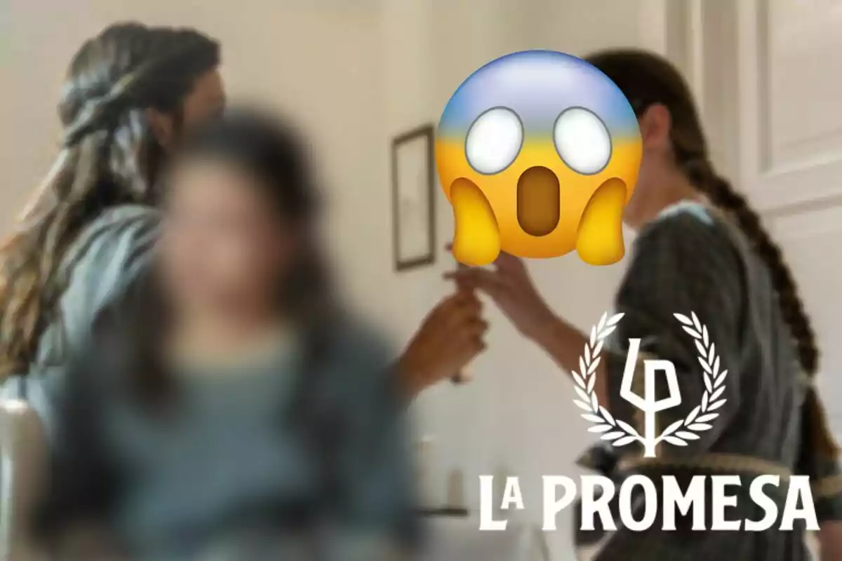 Personas desenfocadas en el fondo con un emoji de sorpresa en el centro y el texto "La Promesa" en la parte inferior.