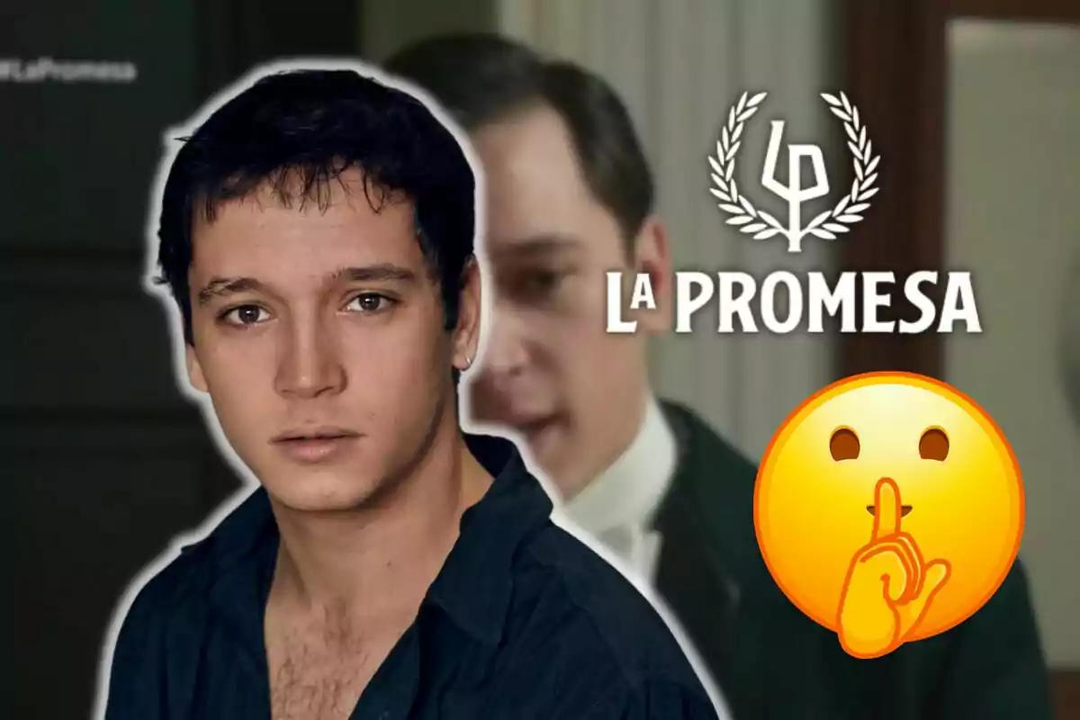 Manu Imízcoc con una expresión seria en primer plano, con el logo de "La Promesa" y un emoji de silencio en la esquina inferior derecha.