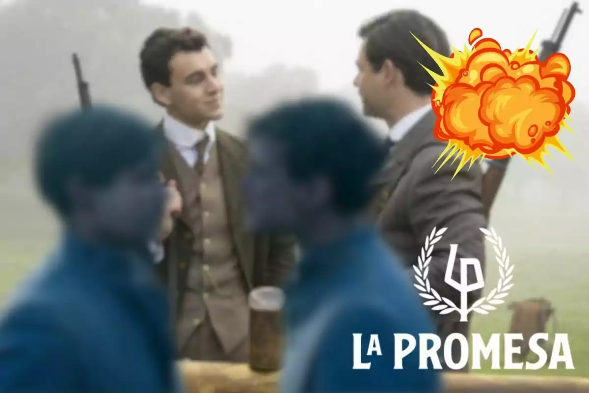 Manuel y Curro vestidos de época conversan mientras sostienen rifles, con un logotipo de "La Promesa" y una explosión animada en la esquina superior derecha.