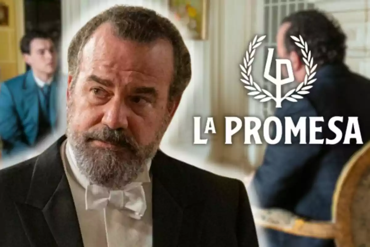 Manuel Regueiro with a beard and tuxedo appears in the foreground while in the background two people are seated and the text "La Promesa" is visible.