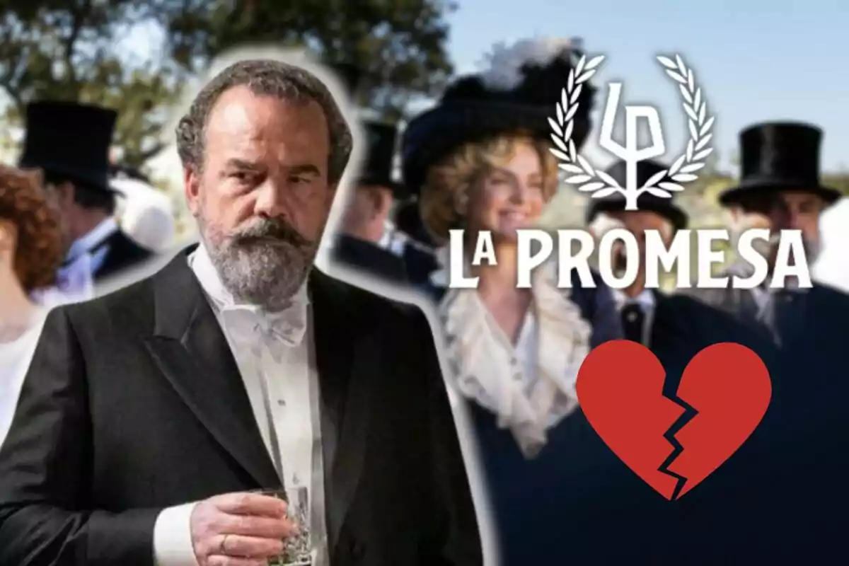 Manuel Regueiro con barba y traje formal sostiene un vaso mientras un grupo de personas vestidas elegantemente está al fondo junto al texto "La Promesa" y un corazón roto.