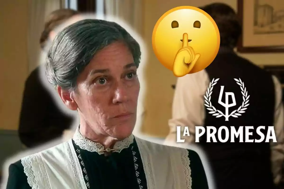 Marga Martínez con expresión seria y un emoji de silencio al lado, junto al texto "La Promesa".