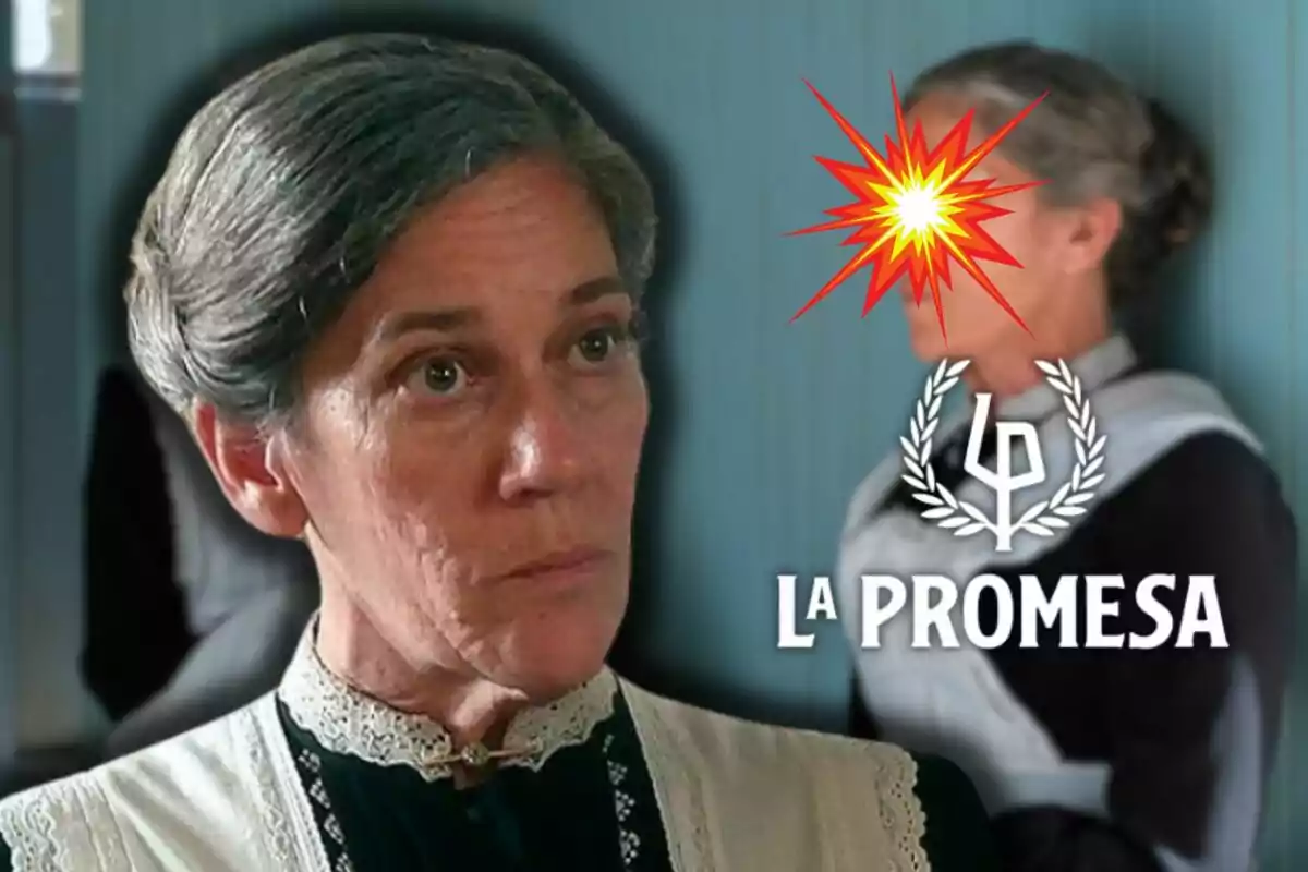 Marga Martínez con cabello canoso y expresión seria, vestida con uniforme de época, aparece en primer plano; detrás, otra figura con un efecto de explosión en el rostro y el texto "La Promesa".