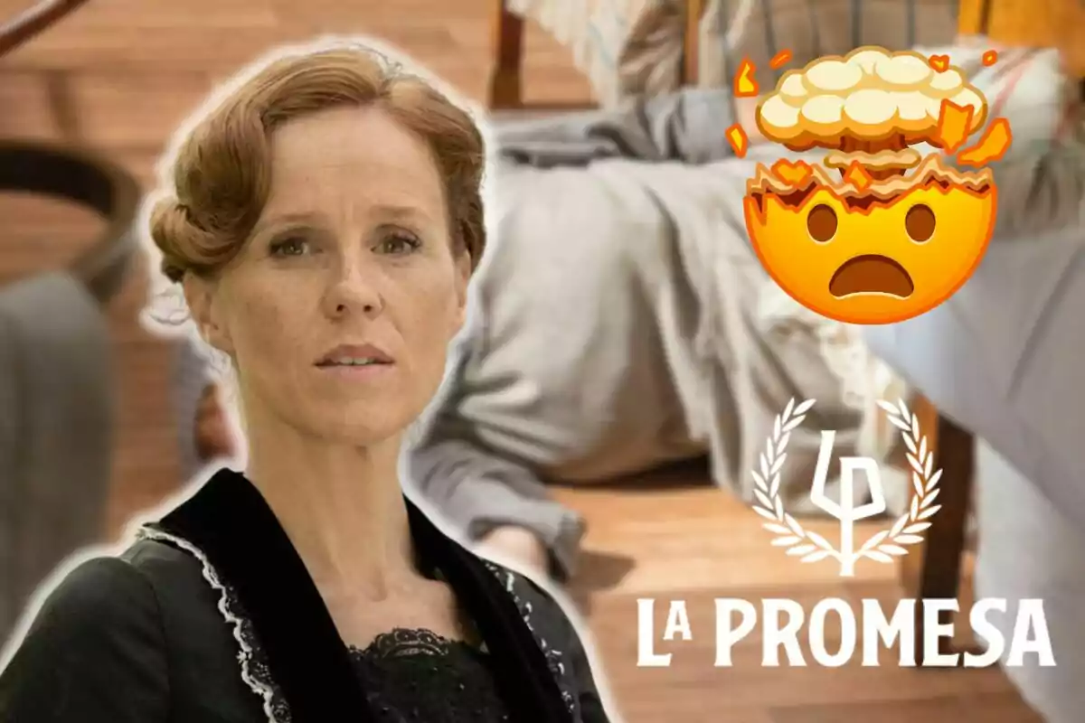 María Castro con expresión seria en primer plano, un emoji de cabeza explotando y el logo de "La Promesa" en la esquina inferior derecha.