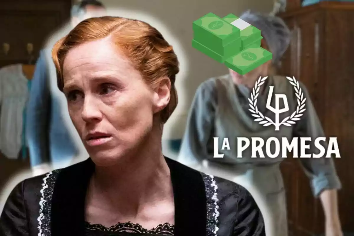 María Castro con expresión seria aparece en primer plano, mientras que en el fondo se observa a otra persona desenfocada y el logo de "La Promesa" junto a un gráfico de billetes.