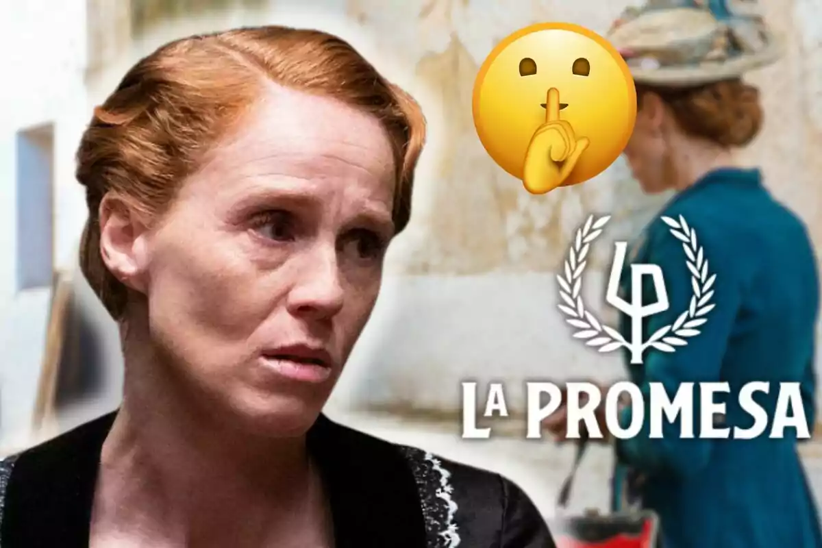 María Castro con expresión seria aparece en primer plano mientras al fondo se ve a otra mujer de espaldas y un emoji de silencio, junto al texto "La Promesa".