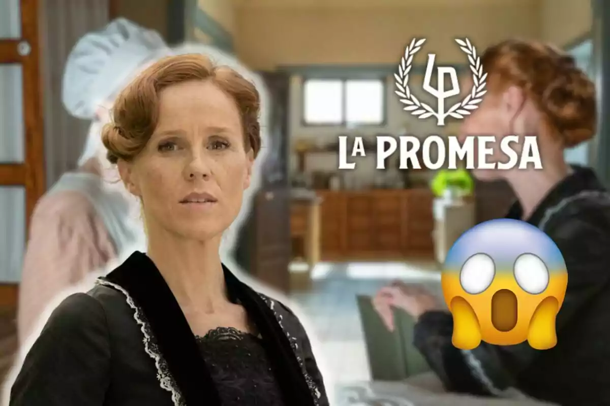 Redhead Maria Castro with a serious expression in a domestic setting with the text "The Promise" and a surprised emoji.