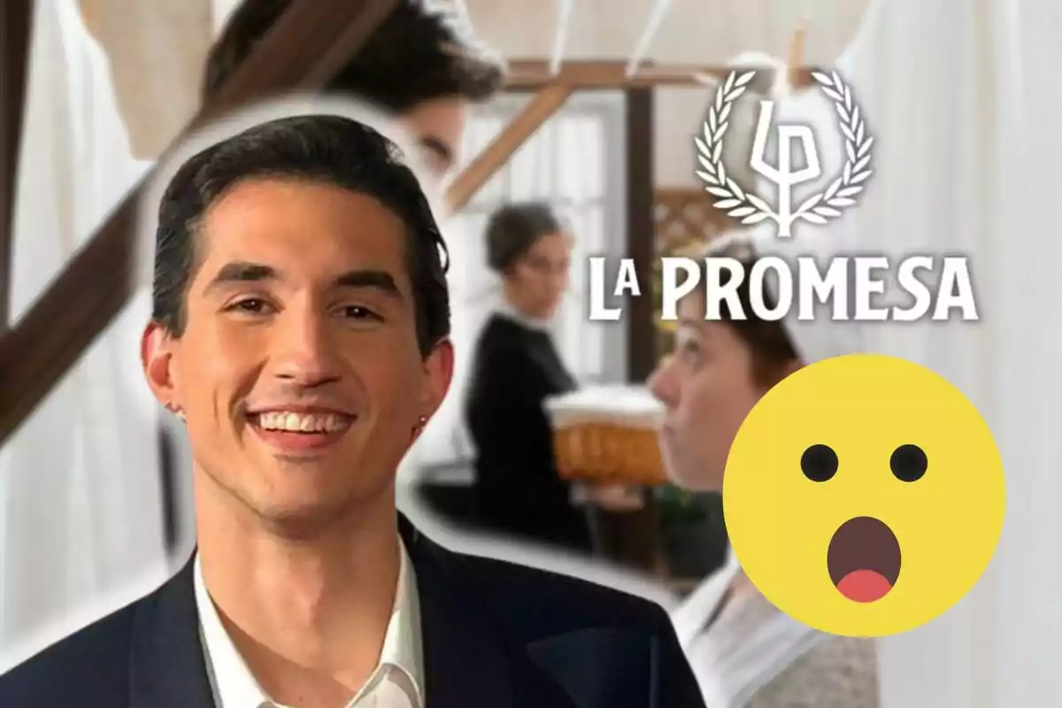 Montaje de una escena de 'La Promesa', Mario García en traje negro, el logo de la serie y un emoji de sorpresa