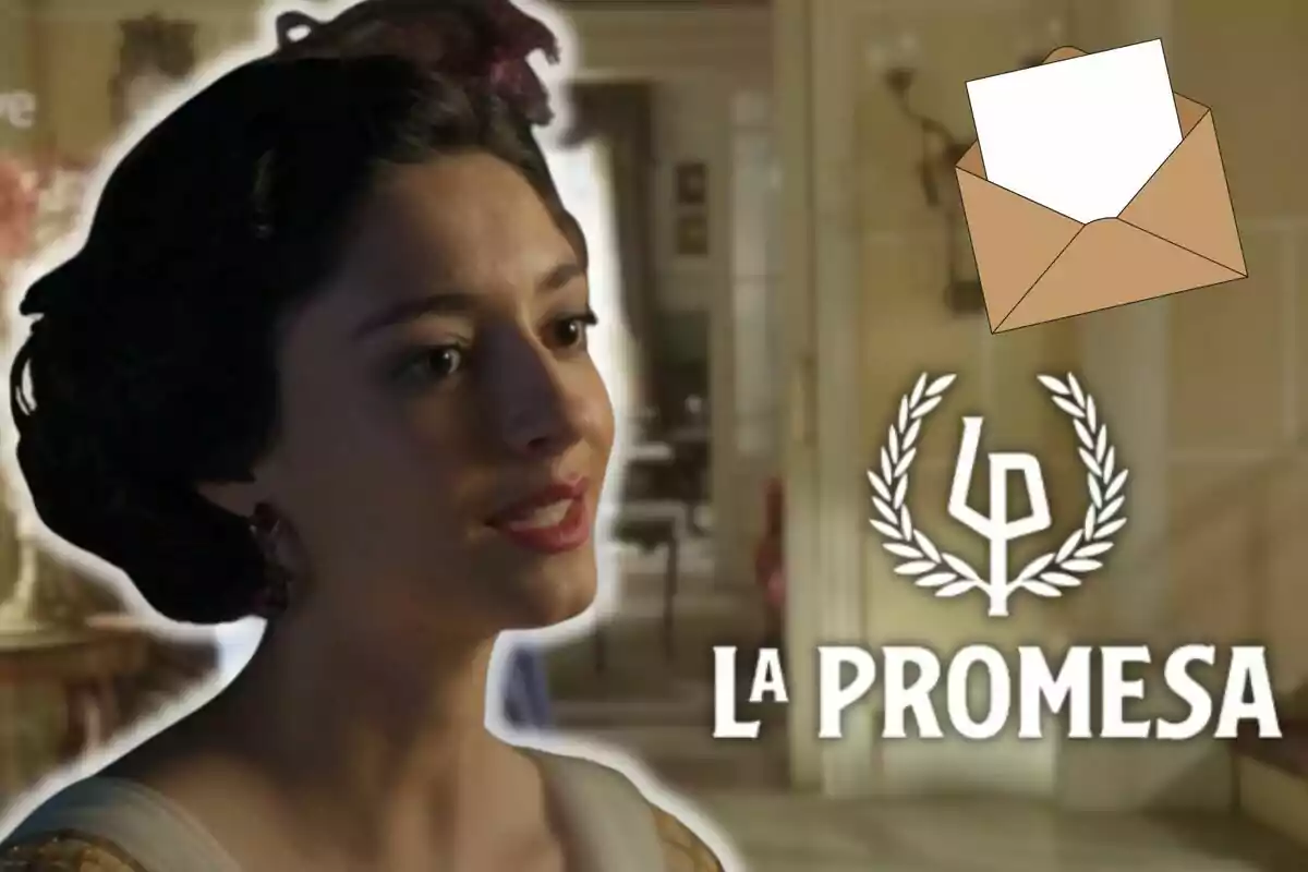 Marta Costa with an elegant hairstyle appears in an indoor scene alongside the text "The Promise" and an illustrated envelope.