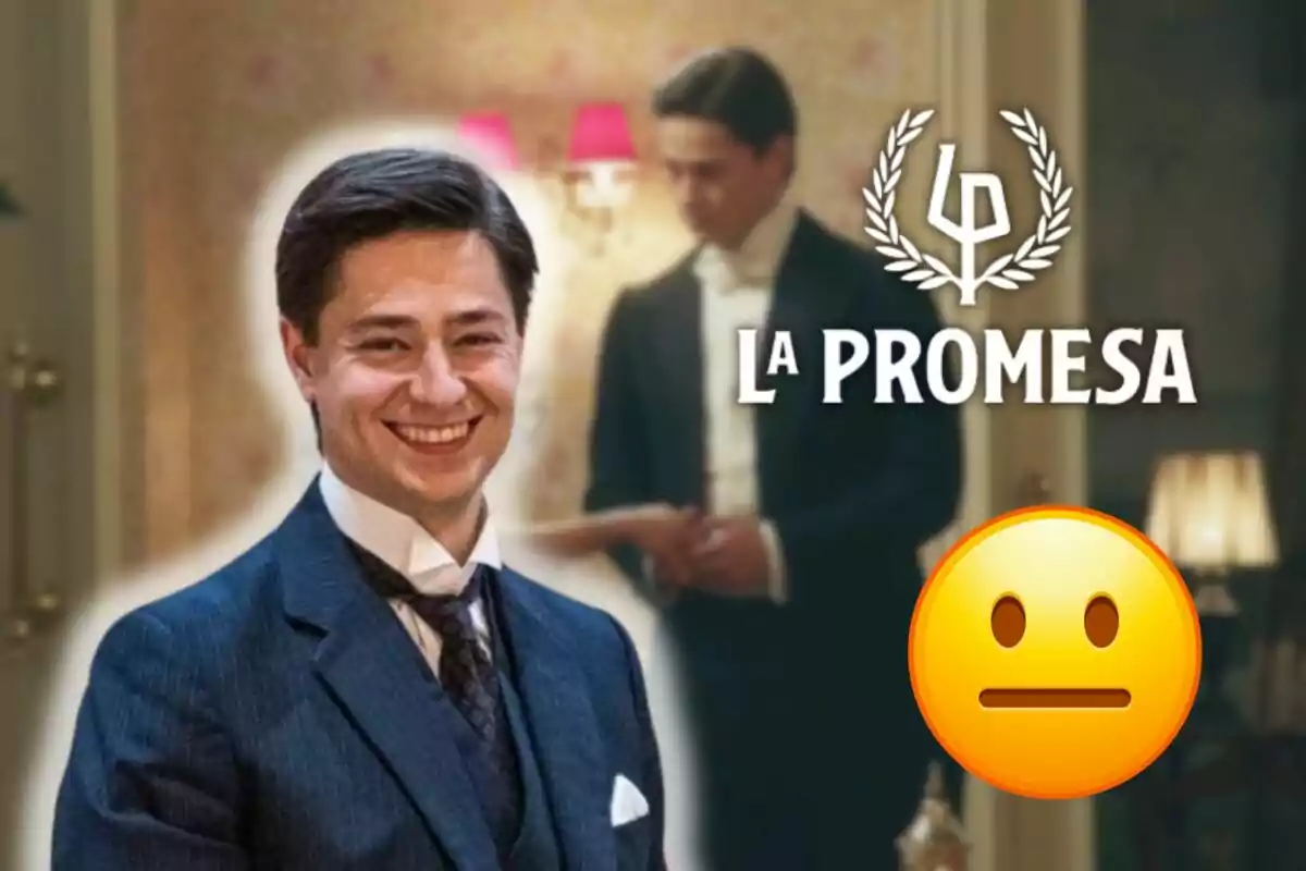 Michel Tejerina sonriente con traje oscuro en primer plano y un fondo borroso con otra persona de pie, junto al texto "La Promesa" y un emoji neutral.