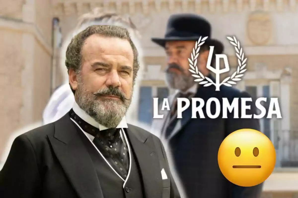 Manuel Regueiro with a beard and an elegant suit appears in the foreground with the title "The Promise" and a neutral emoji next to it.