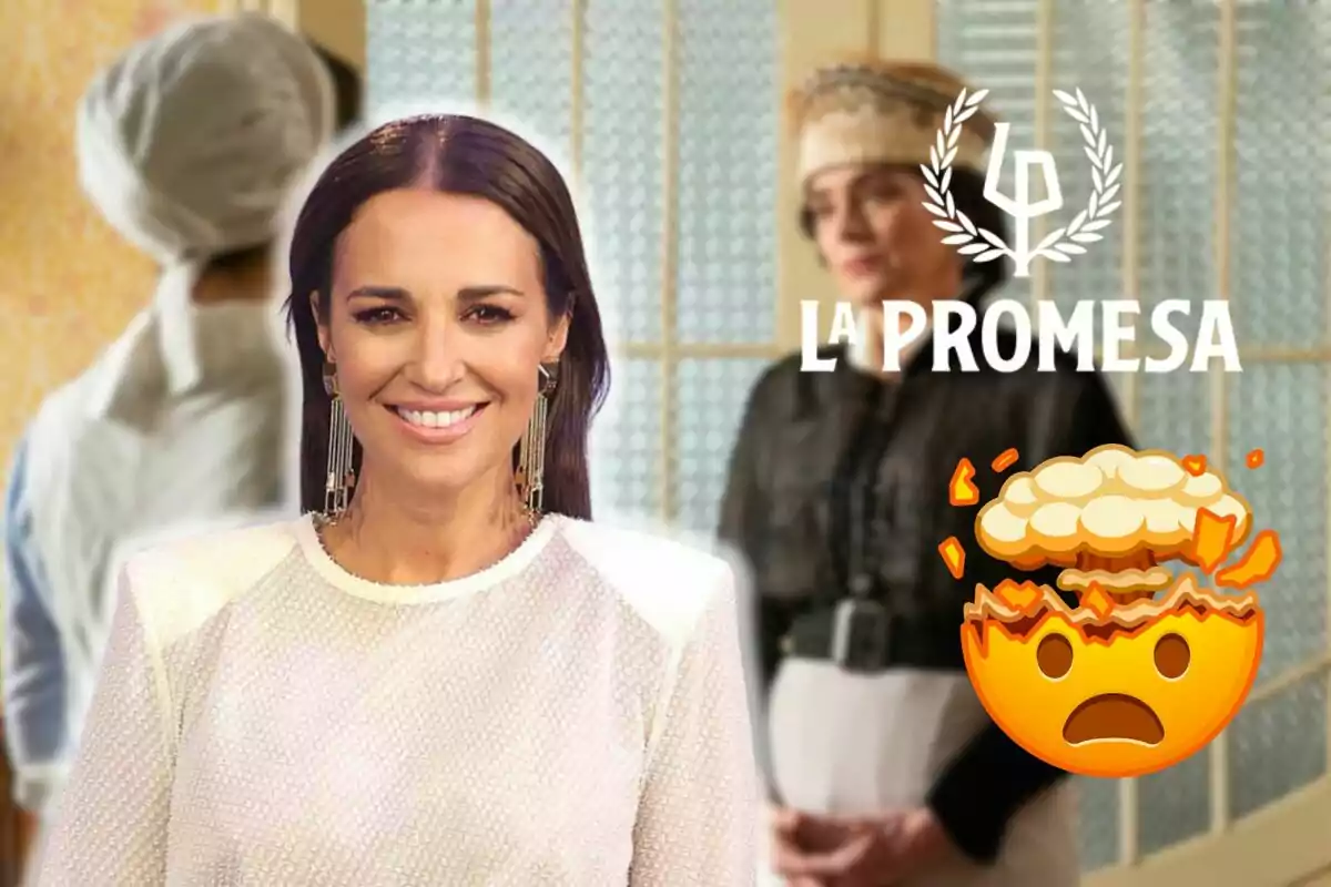 Montaje de una escena de 'La Promesa', Paula Echevarría sonriendo con un jersey blanco, un logo de la serie y un emoji explotando