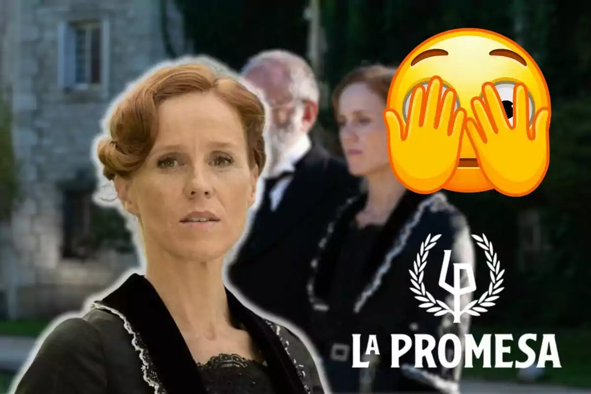 Montaje de una escena de 'La Promesa', Pía Adarre sonriendo, un emoji con las manos en la cara y el logo de la serie