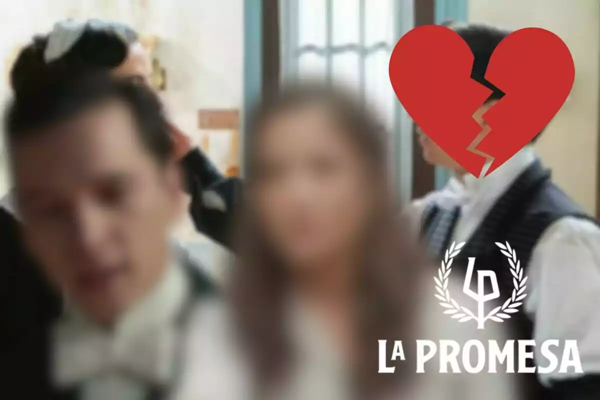 Montaje de una escena de 'La Promesa', Santos y Vera desenfocados, un corazón roto y el logo de la serie