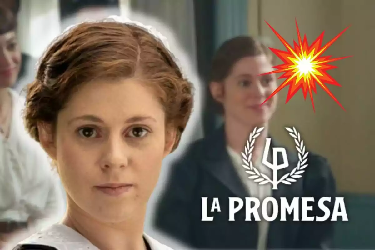 Sara Molina with a serious expression in the foreground and a blurred background with the text "La Promesa" and a laurel symbol.