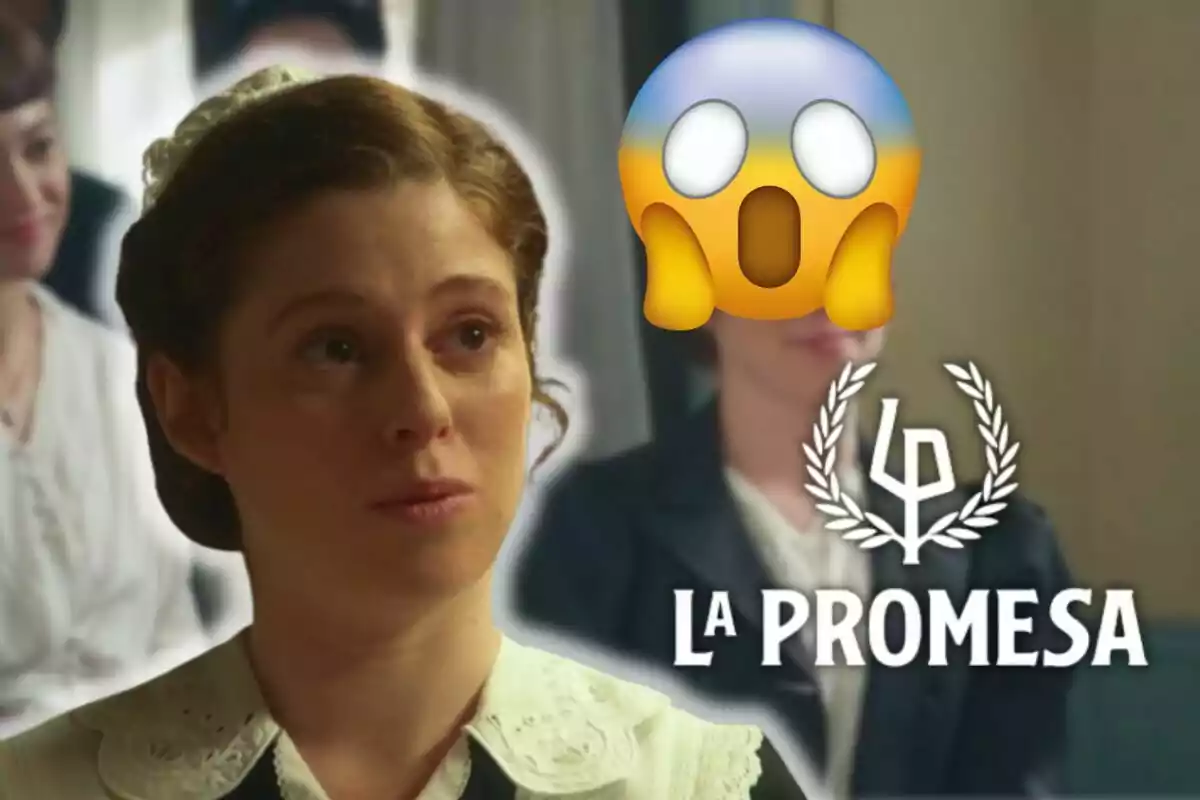 Sara Molina with a serious expression and a surprised emoji on her face, along with the text "The Promise."