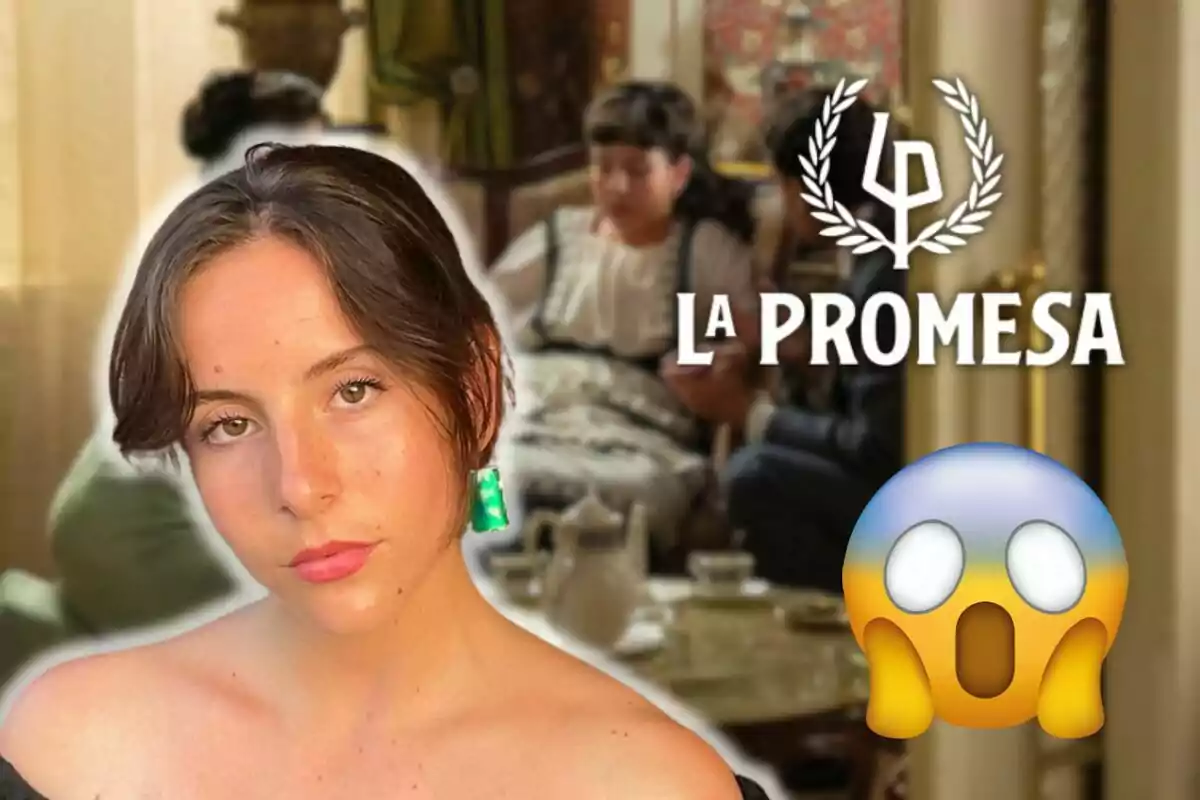 Montaje de una escena de 'La Promesa', Victoria Lago seria con los hombros descubiertos, el logo de la seria y un emoji sorprendido