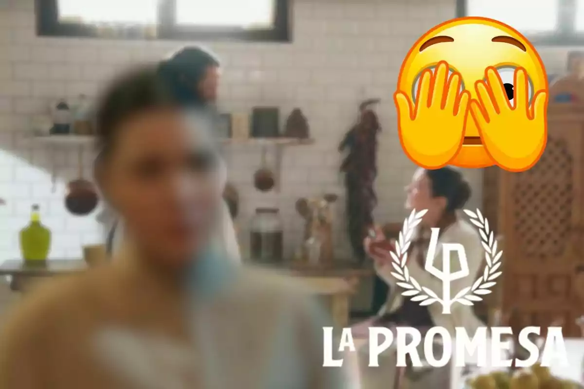 Montaje de una escena de 'La Promesa', Virtudes desenfocada, un emoji tapándose los ojos y el logo de la serie