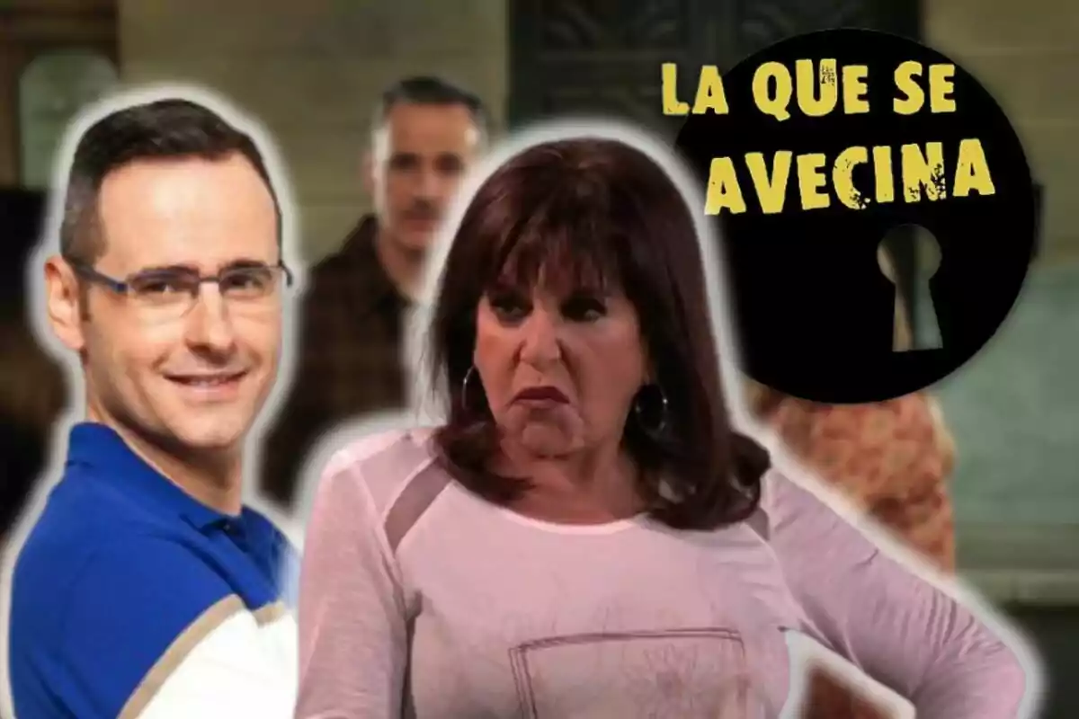 Leo y Menchu de una serie de televisión con el título "La que se avecina" en el fondo.