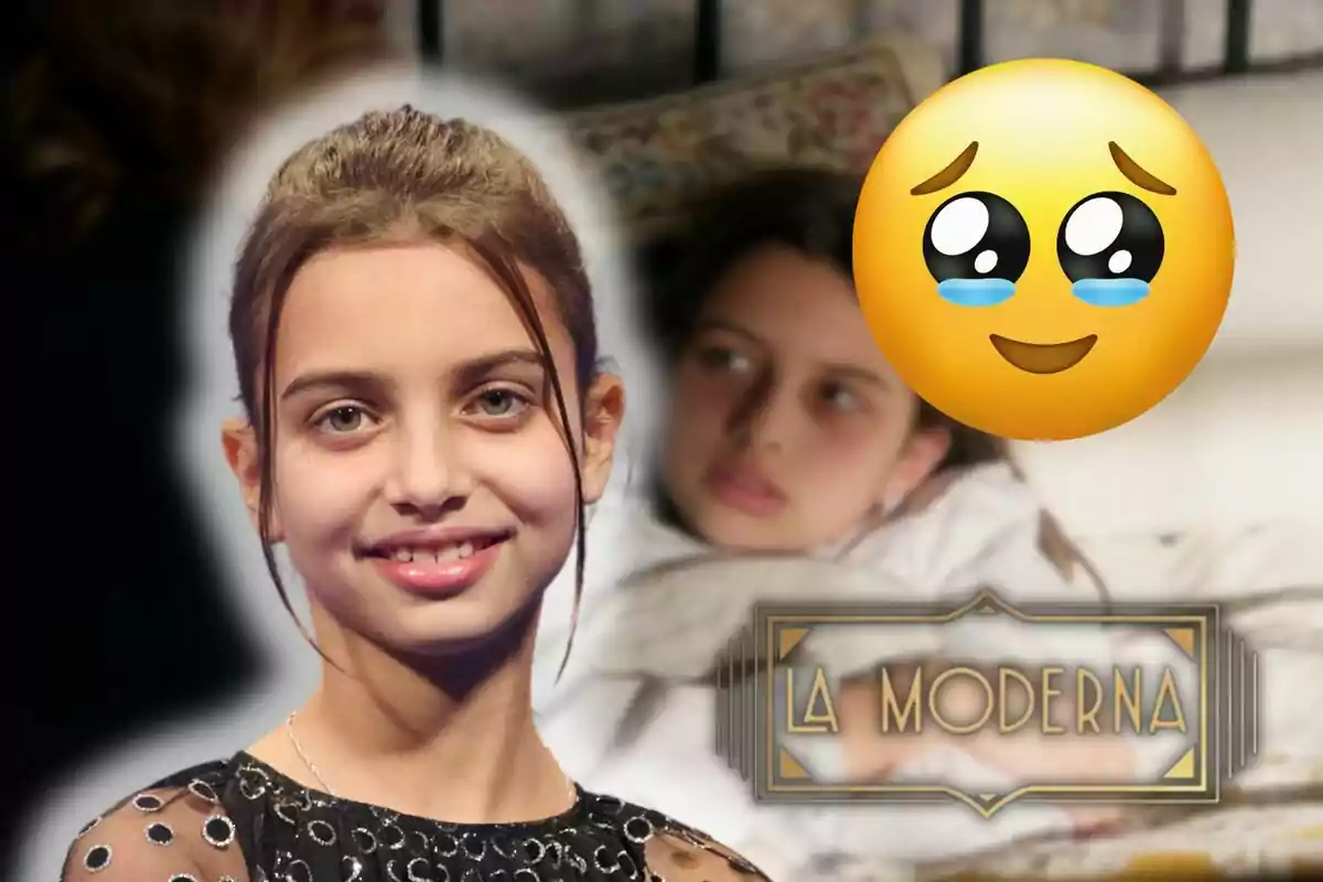 Cosette Silguero sonriente en primer plano con una imagen borrosa de ella misma acostada en el fondo, un emoji con lágrimas de felicidad y el texto "La Moderna".