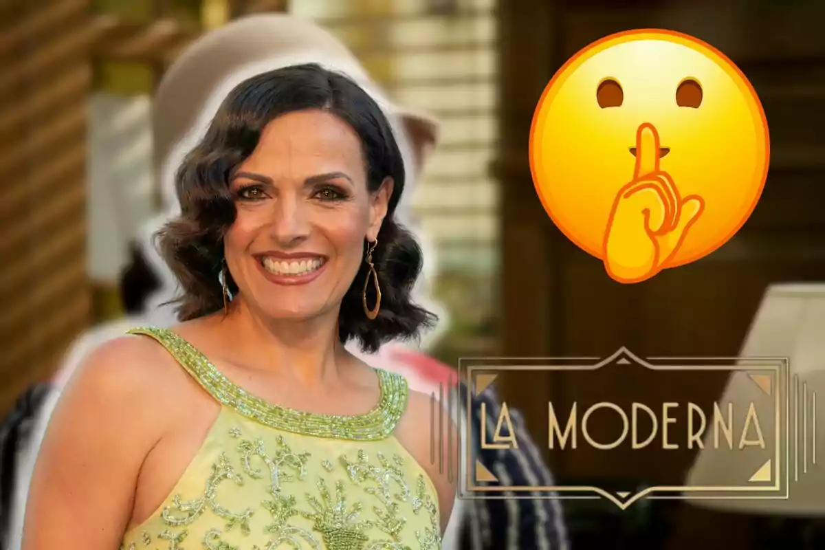 Eva Pedraza sonriente con un vestido verde claro adornado, un emoji de silencio y el texto "La Moderna".