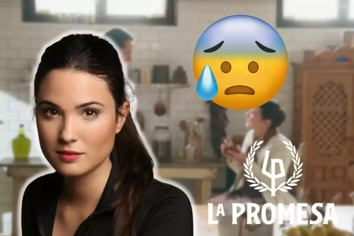 Laura Lafuente con expresión seria en primer plano, un emoji de cara preocupada con una gota de sudor y el logo de "La Promesa" en la esquina inferior derecha.