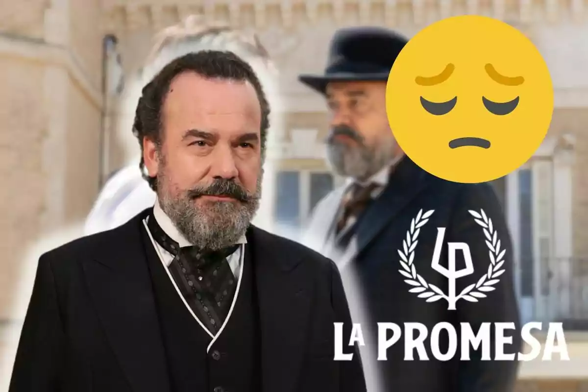 Manuel Regueiro con barba y traje formal aparece en primer plano, con una expresión seria, mientras que en el fondo se ve una figura borrosa de él mismo con un sombrero. A la derecha, hay un emoji triste y el texto "La Promesa" con un logotipo de laurel.