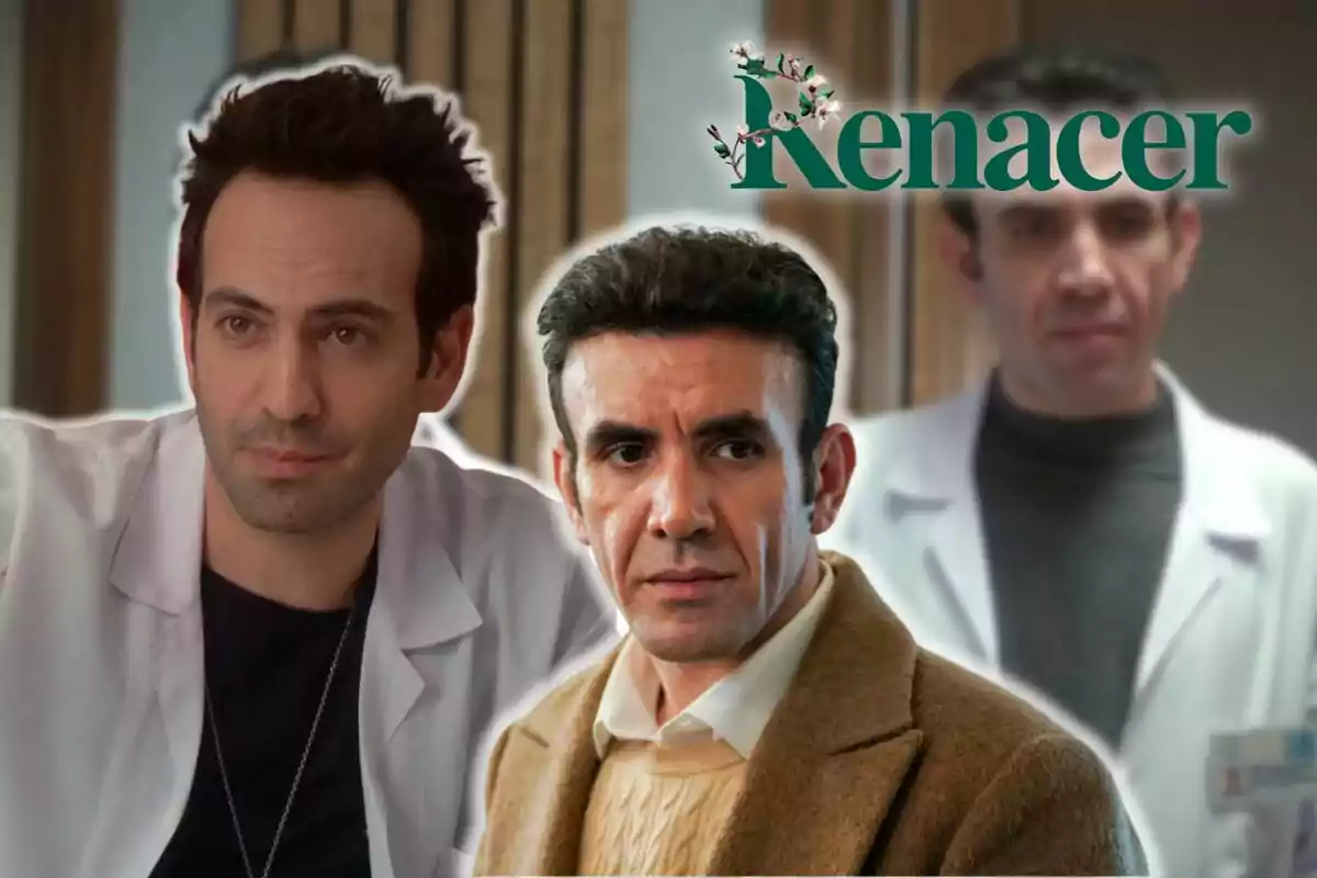 Evren and Timur with serious expressions, two of them in white doctor's coats and one in a brown coat, with the text "Rebirth" at the top.