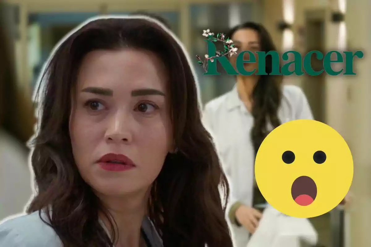 Rengin con expresión seria en primer plano, detrás de ella hay otra persona desenfocada y un emoji de cara sorprendida, junto al texto "Renacer".