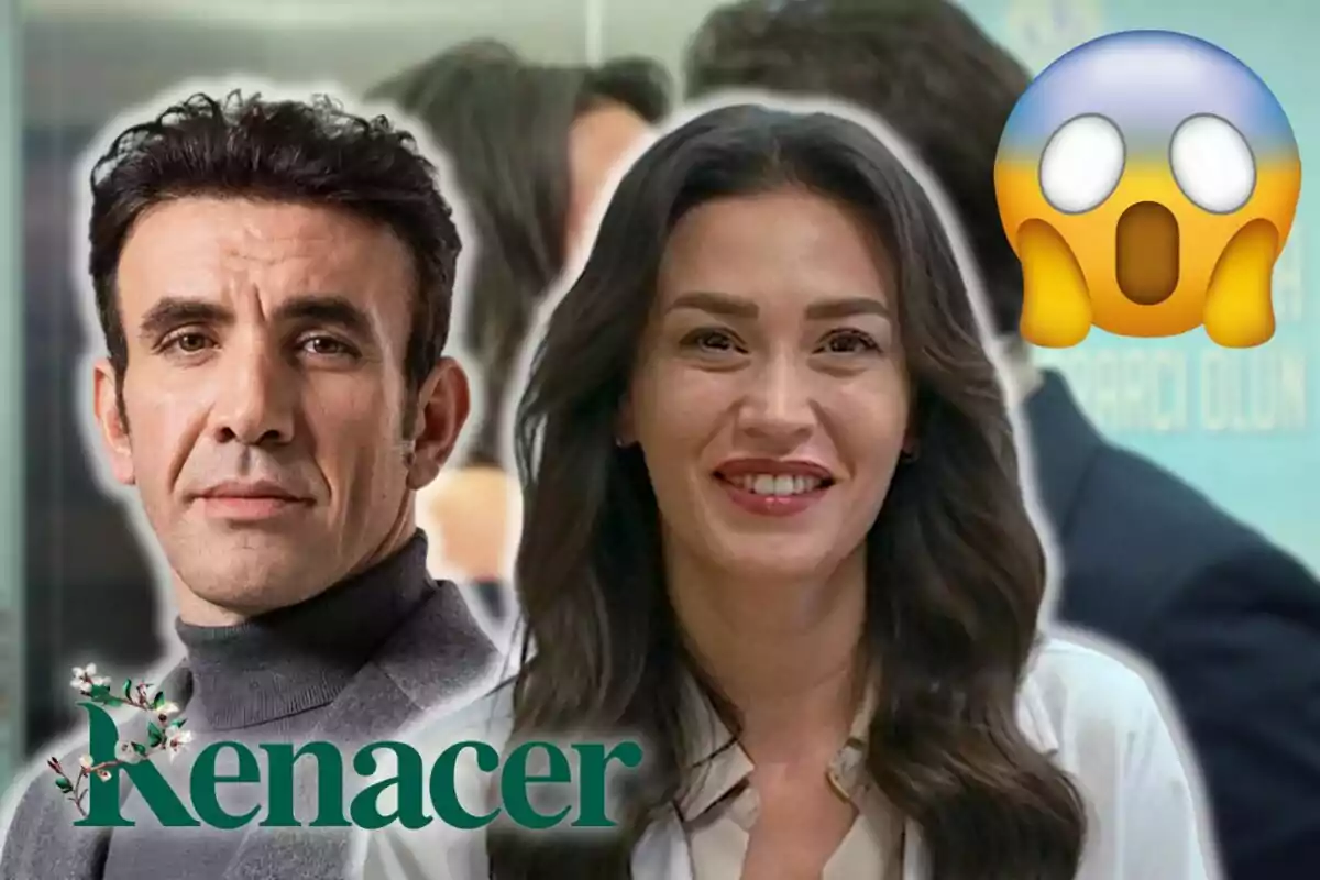 Timur y Rengin sonrientes con un emoji sorprendido y la palabra "Renacer" en la parte inferior.