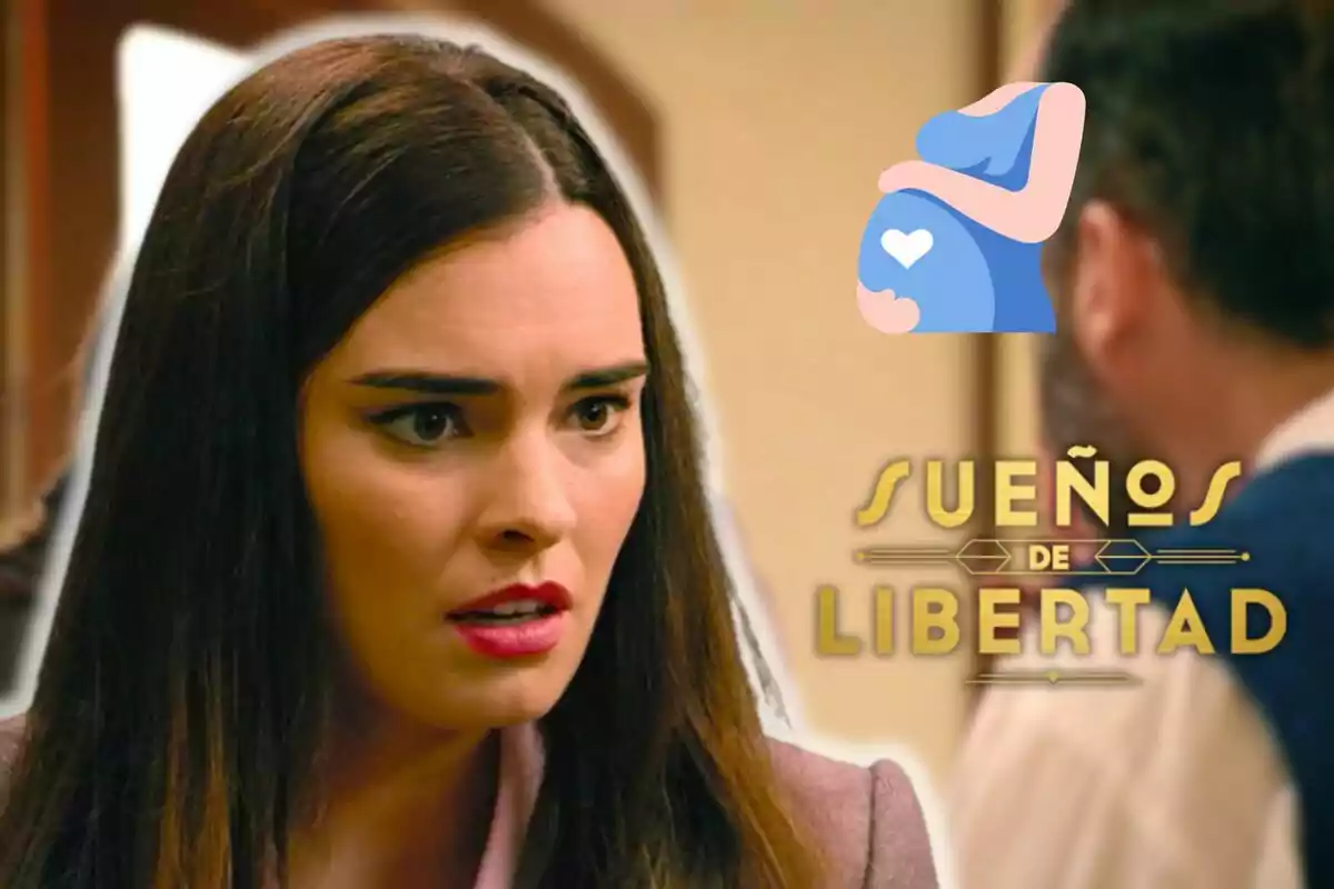 Alba Brunet con expresión de sorpresa o preocupación, junto al logo de Sueños de Libertad y un dibujo de una mujer embarazada
