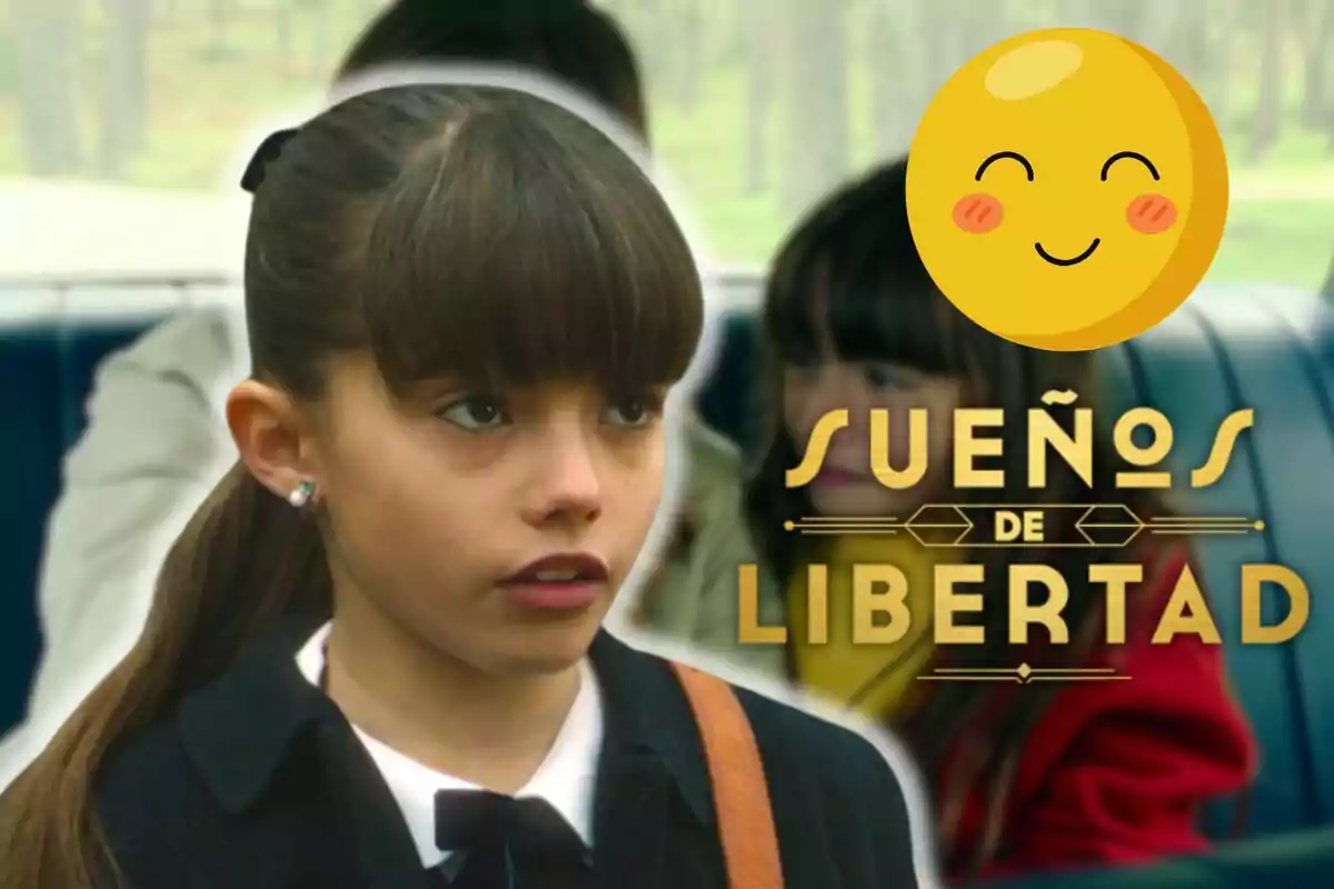 Amanda Cárdenas con uniforme escolar aparece en una imagen promocional de "Sueños de Libertad" con un emoji sonriente en la esquina superior derecha.