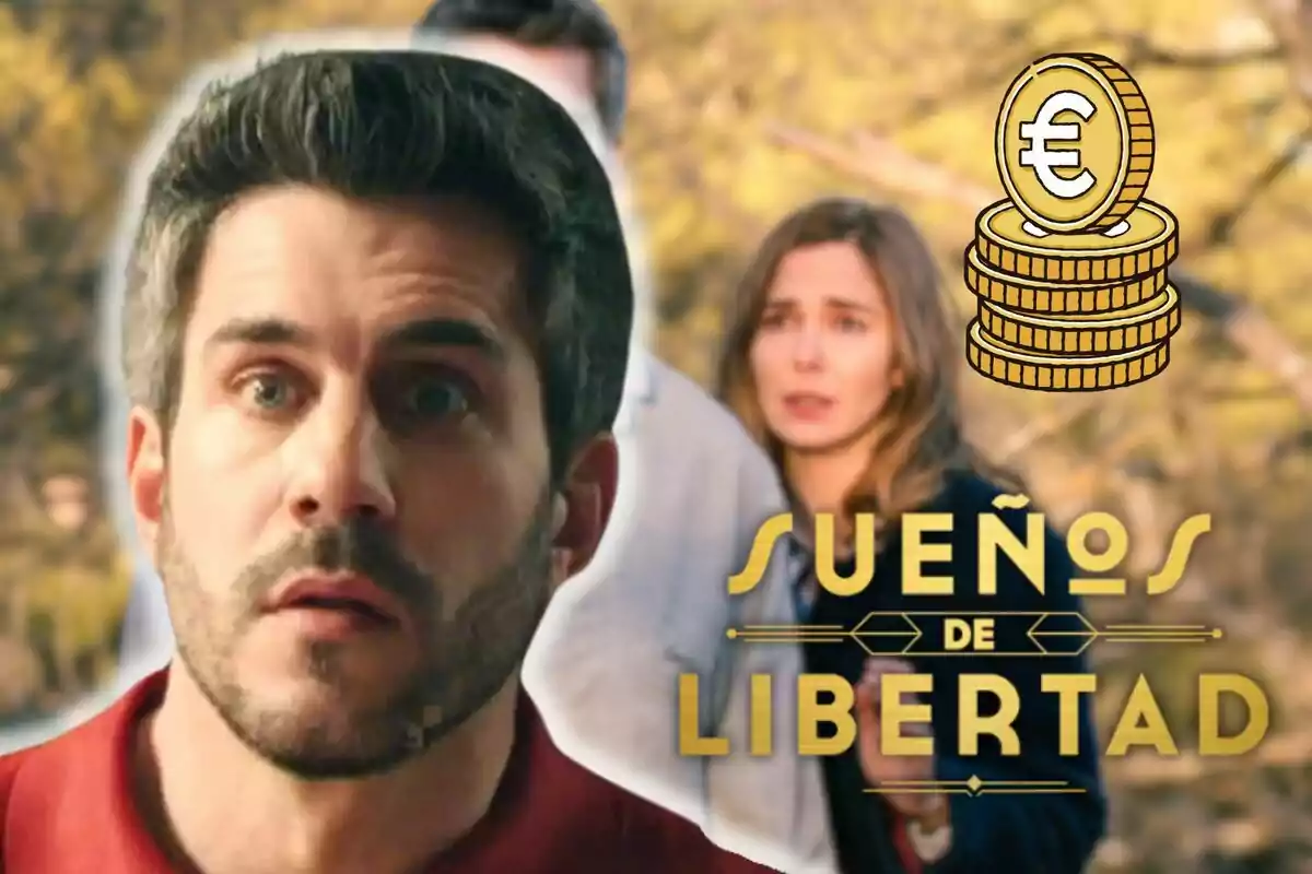 Dani Tatay con expresión de sorpresa en primer plano, una mujer desenfocada al fondo, un gráfico de monedas y el texto "Sueños de Libertad".