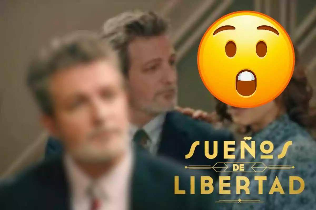 Imagen de una escena de la serie "Sueños de Libertad", un emoji de cara sorprendida cubriendo el rostro de una persona, Jaime desenfocado y el logo de la serie