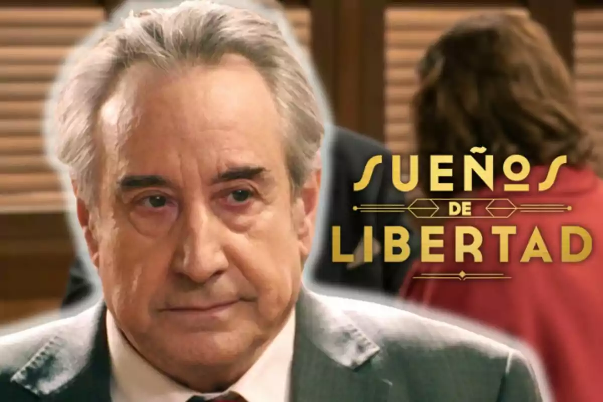 Juanjo Puigcorbé con expresión seria en un entorno de oficina, con el texto "Sueños de Libertad" al lado.