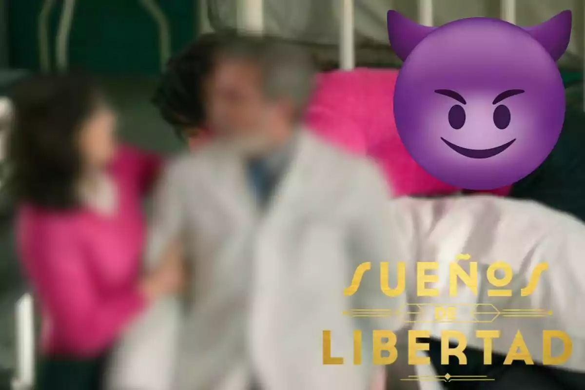 Luz y Jaime desenfocados en primer plano con un emoji de diablo púrpura sobre una escena en el fondo y el texto "Sueños de Libertad" en la esquina inferior derecha.