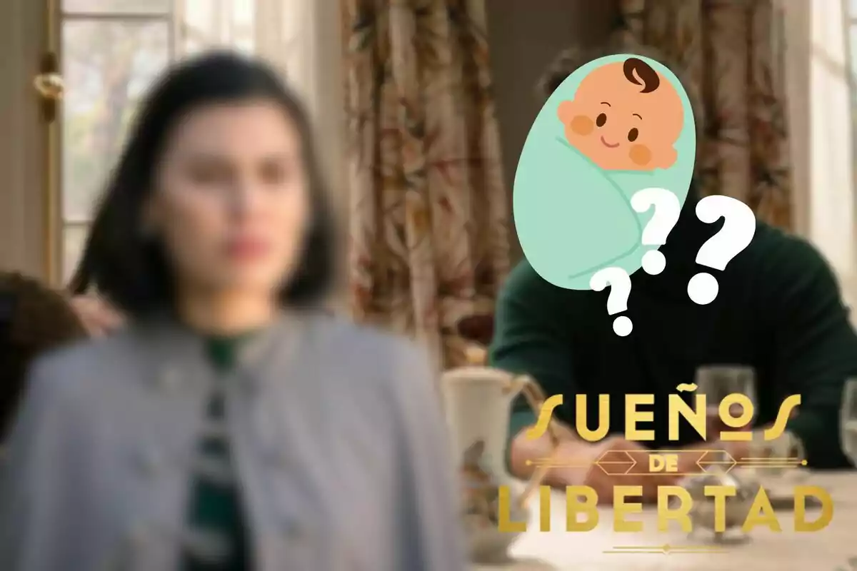 María desenfocada en primer plano con un hombre desenfocado detrás, cubierto por un dibujo de un bebé envuelto en una manta verde con signos de interrogación, y el texto "SUEÑOS DE LIBERTAD" en la parte inferior.