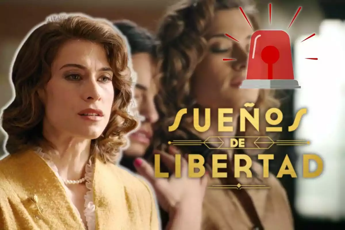 Marta Belmonte con expresión seria y cabello rizado lleva un abrigo amarillo, junto a ella aparece el texto "Sueños de Libertad" en letras doradas con una sirena roja encima.