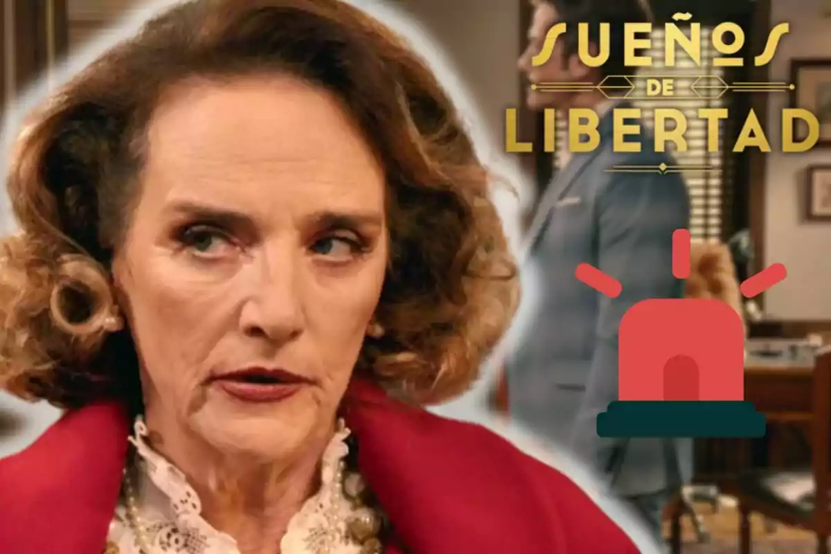 Marta Calvó con expresión seria, vestida con un abrigo rojo, aparece en primer plano; al fondo, un hombre de traje está de pie junto a un escritorio, y se puede ver el texto "Sueños de Libertad" junto a un ícono de sirena roja.