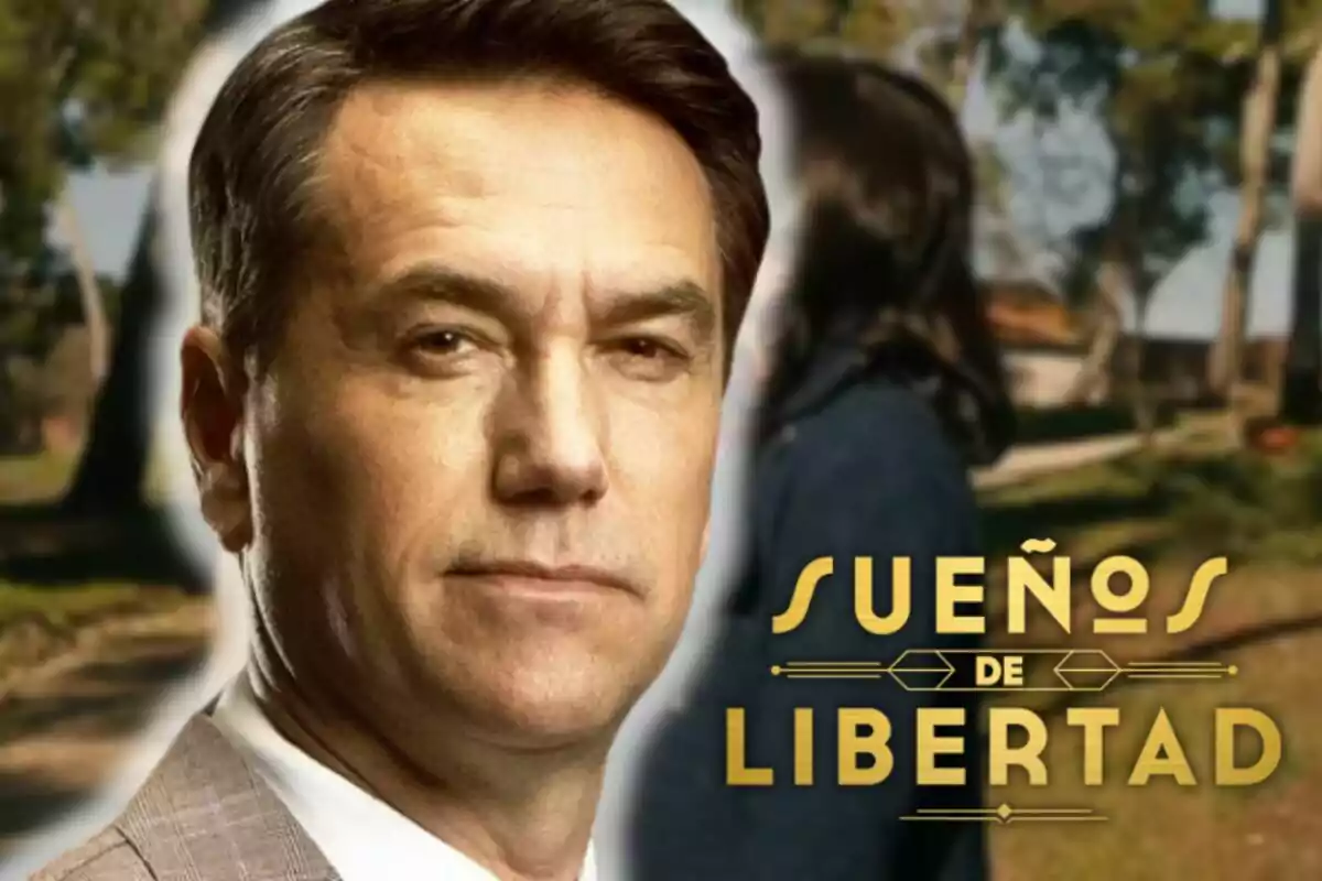 Primer plano de Oriol Tarrasón con fondo desenfocado donde aparece una mujer de espaldas y árboles, junto al texto Sueños de Libertad en letras doradas