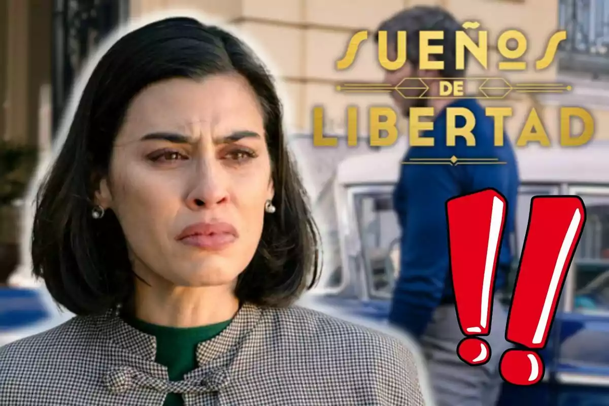 Roser Tapias con expresión seria frente a un cartel que dice "Sueños de Libertad" y dos signos de exclamación rojos.