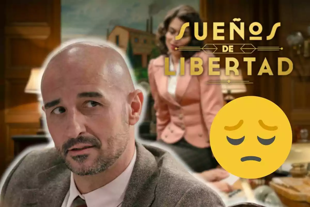 Alain Hernández con barba mira hacia un lado mientras una mujer de traje rosa está de pie al fondo junto al texto "Sueños de Libertad" y un emoji de cara pensativa.