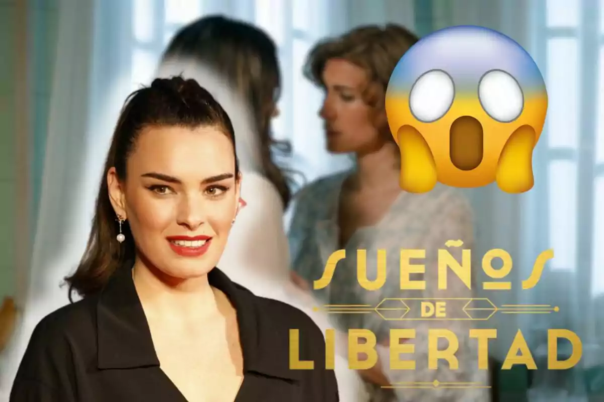 Imagen de Alba Brunet con cabello oscuro y labios rojos, sonriendo frente a la cámara, con dos mujeres desenfocadas en el fondo y un emoji de sorpresa grande a la derecha, junto al texto "SUEÑOS DE LIBERTAD".