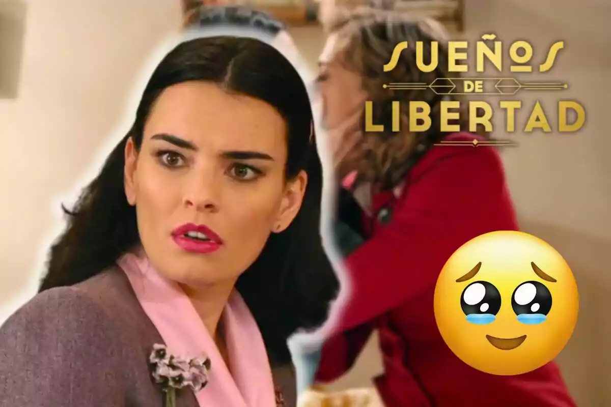 Alba Brunet con expresión sorprendida en primer plano, detrás de ella otra persona de perfil, el texto "Sueños de Libertad" y un emoji con ojos llorosos.