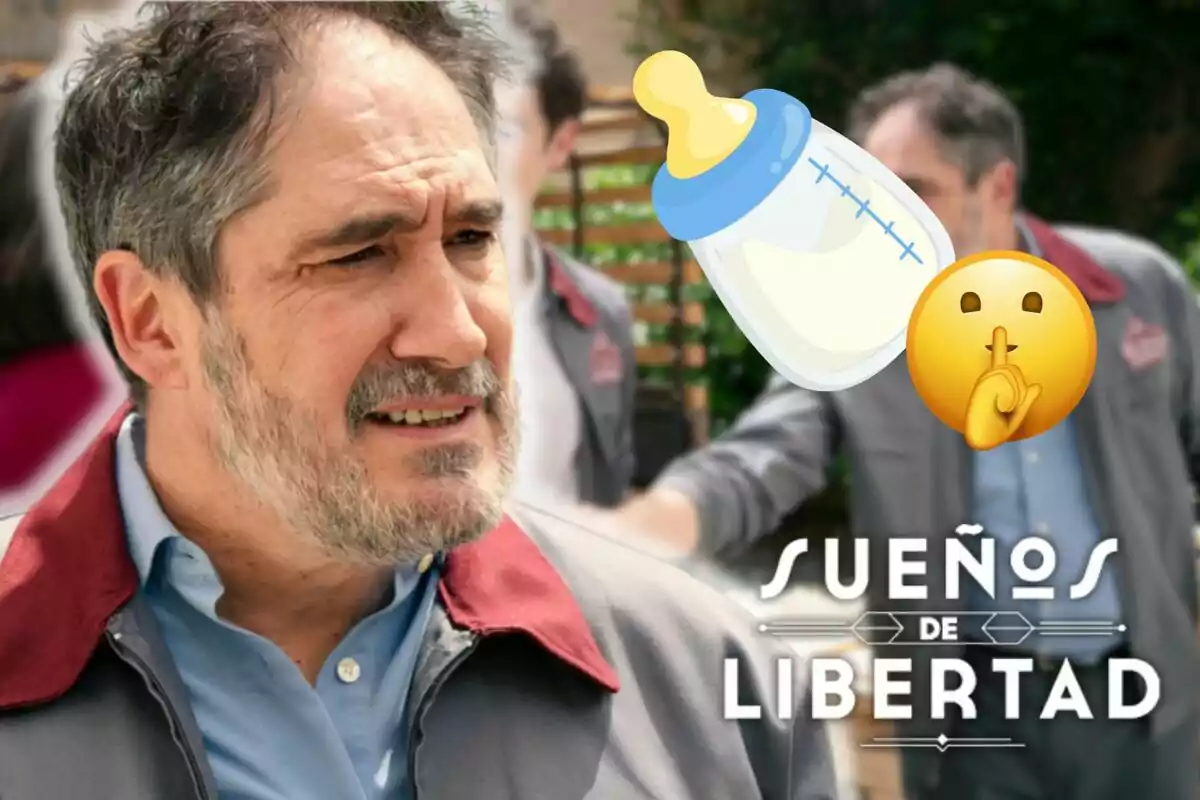 Alfonso Lara con barba y cabello canoso aparece en primer plano, con una expresión pensativa; sobre la imagen hay un biberón y un emoji de silencio, junto al texto "Sueños de Libertad".