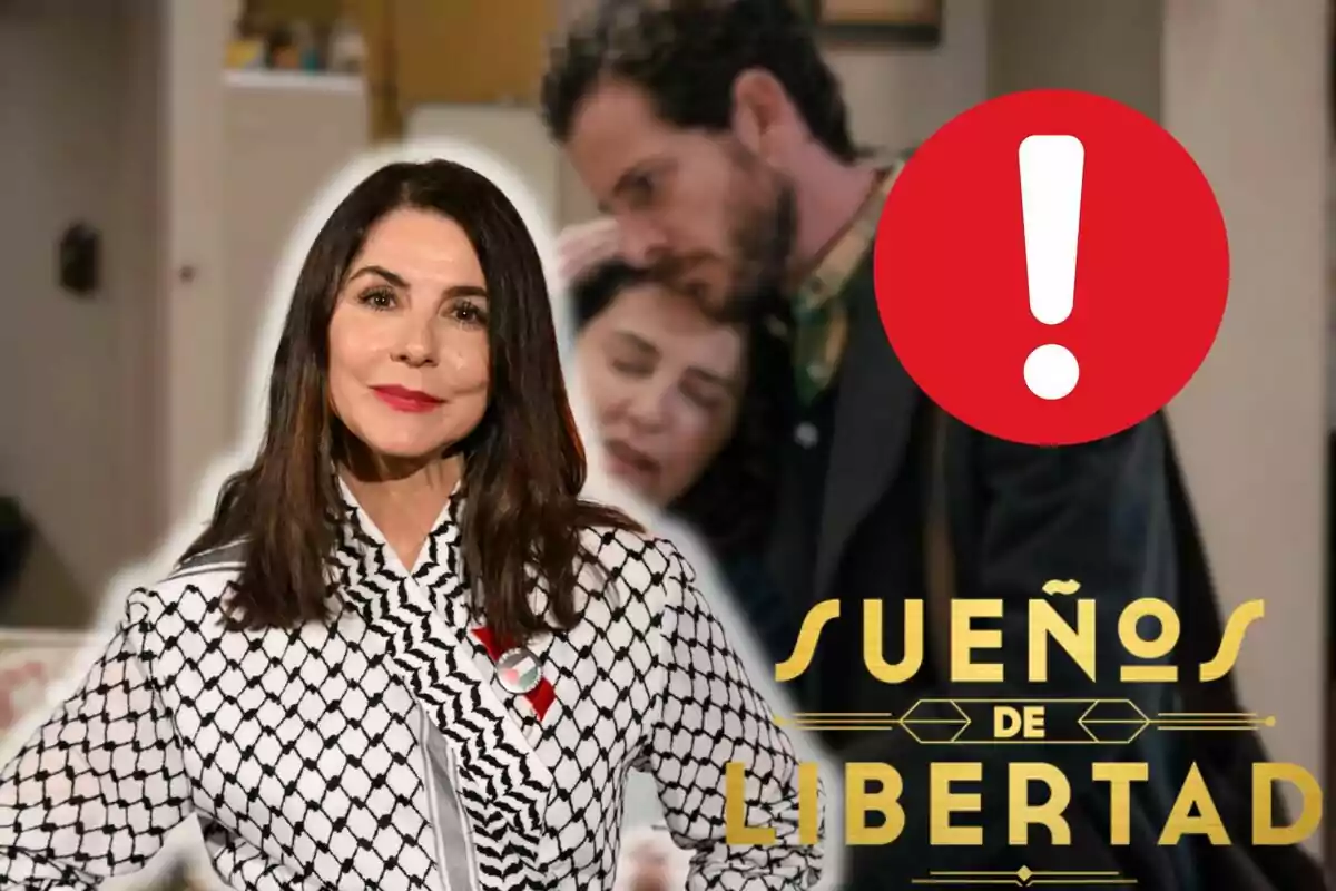 Montaje de una escena de 'Sueños de libertad', Ana Fernández sonriendo con los labios rojos y una chaqueta de rallas, una exclamación y el logo de la serie